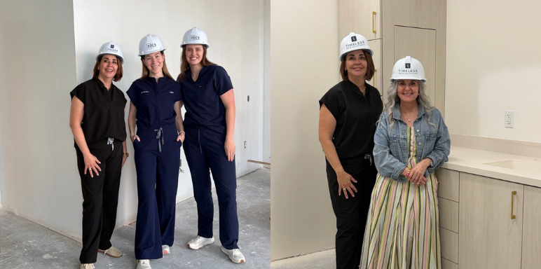 Timeless Skin Solutions New Albany team members in hard hats touring the new office under construction